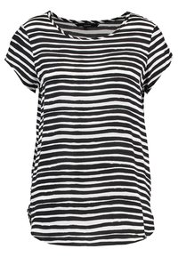 Černobíle pruhovaný krátký rukáv top vyrobený z lehkého materiálu, s kulatým výstřihem a rovním lemem se bočními rozparky.