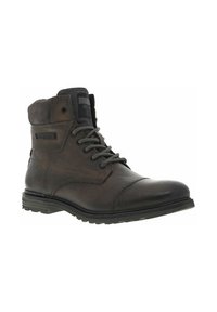 Bottine en cuir marron avec un dessus texturé, design à lacets, semelle en caoutchouc et branding discret sur le côté. Accents noirs sur le col.