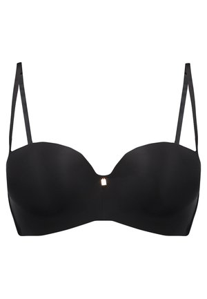 Black underwire bra with smooth fabric, molded cups, adjustable straps, and a small metallic accent at the center.