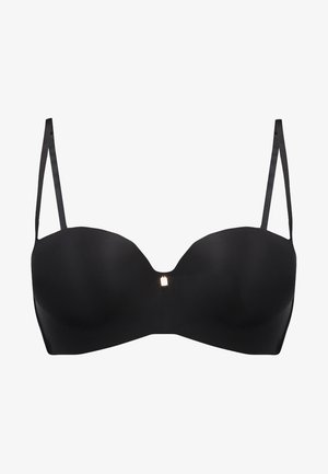 Reggiseno nero con ferretto, in tessuto liscio, coppe sagomate, spalline regolabili e un piccolo dettaglio metallico al centro.