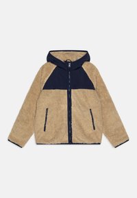 Beige fleecejakke med navy hætte og skulderpanel, lynlås, to forlommer og navy kant langs ærmekanter og kant.