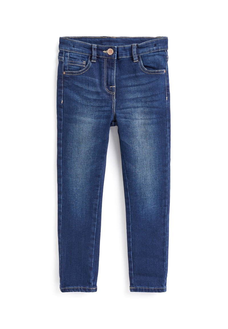 Jean slim-fit en denim bleu foncé avec poches avant, passants pour ceinture et fermeture par boutons, présenté à plat sur fond blanc.