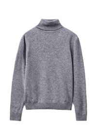 Maglione grigio a maniche lunghe con collo alto, dotato di polsini e orlo a coste, realizzato in soffice maglia.