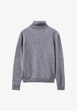 Gray long-sleeve turtleneck sweater with ribbed cuffs and hem, made of soft knit fabric.