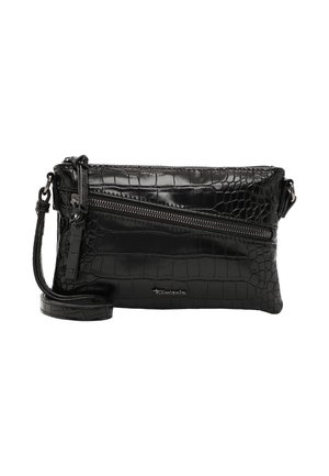 Sac bandoulière noir avec texture crocodile, poche zippée diagonale, bandoulière réglable et logo de marque argenté à l'avant.