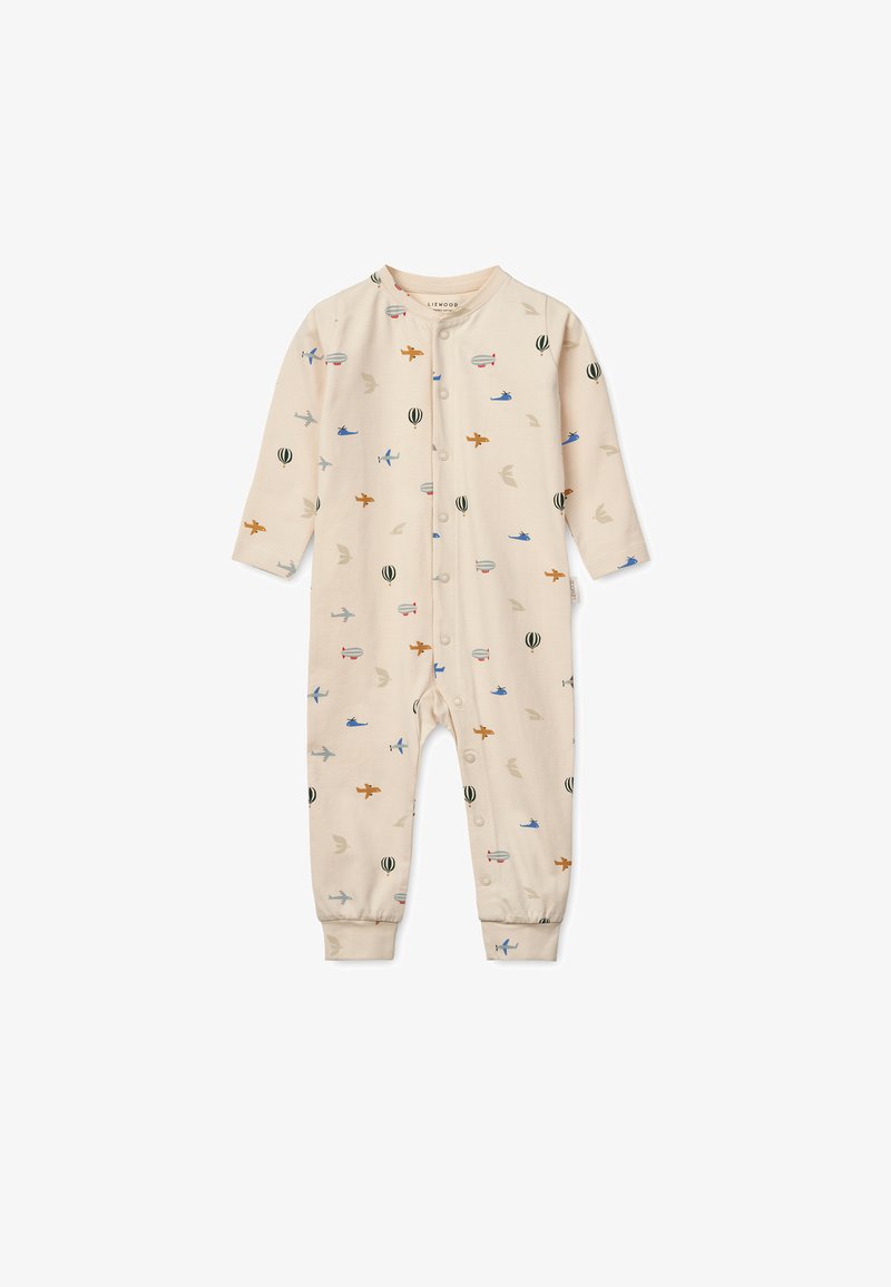 Body de bebé beige con mangas largas, que presenta estampados coloridos de aviones, globos aerostáticos y pájaros; cierre de botones a presión.