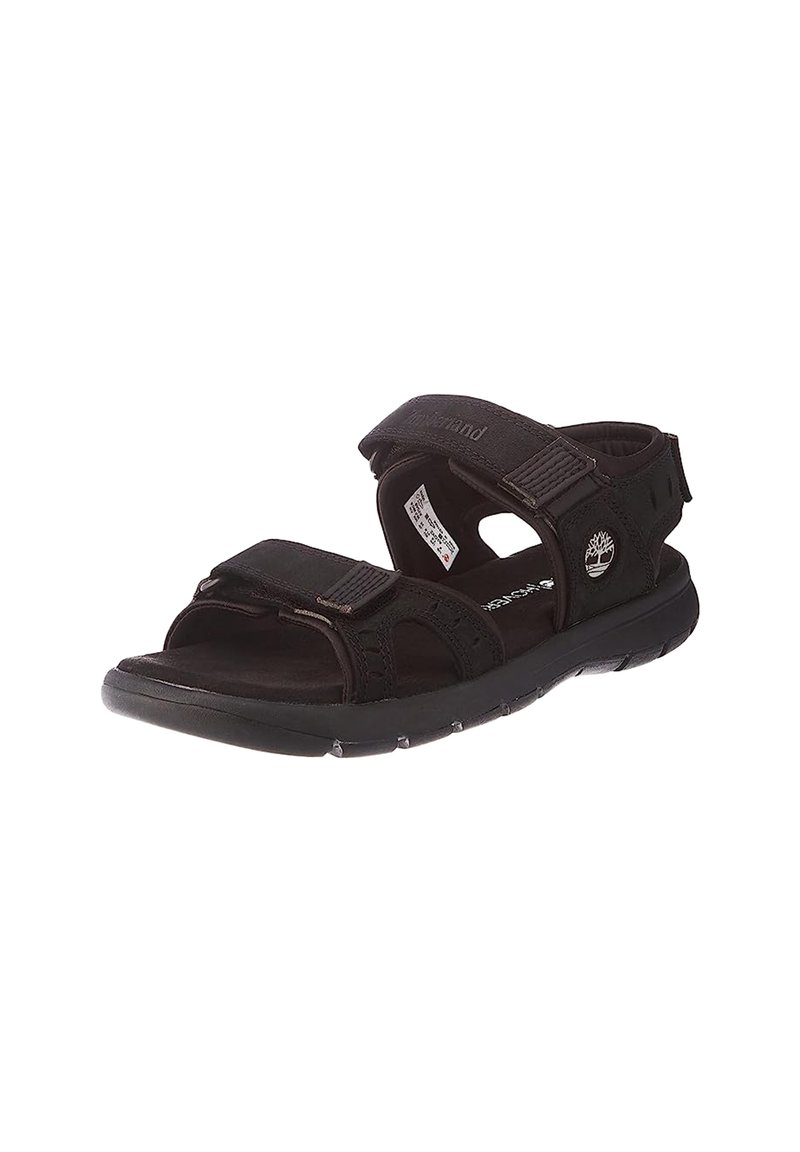 Sandalia deportiva negra con correas ajustables de Velcro, plantilla acolchada, suela resistente y detalles de costura tonal.
