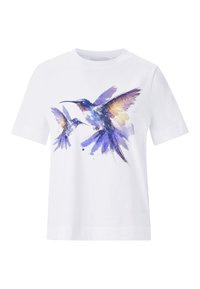 T-shirt in cotone bianco con una stampa acquerellata viola raffigurante due colibrì. Maniche corte, collo a giro e design slanciato.