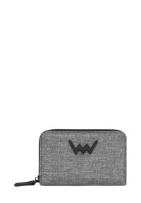 Gray fabric zip wallet featuring a textured surface, black accents, and a distinct logo emblem on the front. Compact and rectangular design.