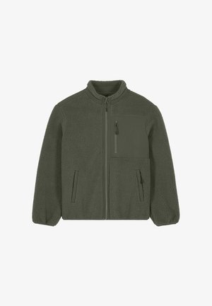 Giacca in pile verde scuro con cerniera frontale integrale, due tasche laterali, tasca sul petto con cerniera e polsini elastici.