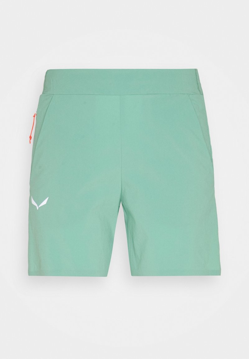 Lichtgroene mid-lange korte broek met elastische tailleband, zijzakken en een klein wit logo op het linkerbeen.