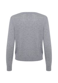 Gray knitted sweater with a round neckline and long sleeves, featuring a fitted silhouette and smooth texture, with no additional patterns or accents.