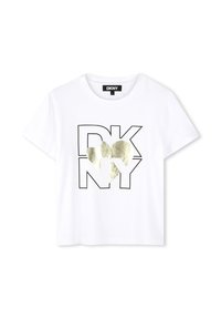 Camiseta de algodón blanca con el logo "DKNY" en negro y un corazón dorado. Mangas cortas y escote redondo. Corte regular.
