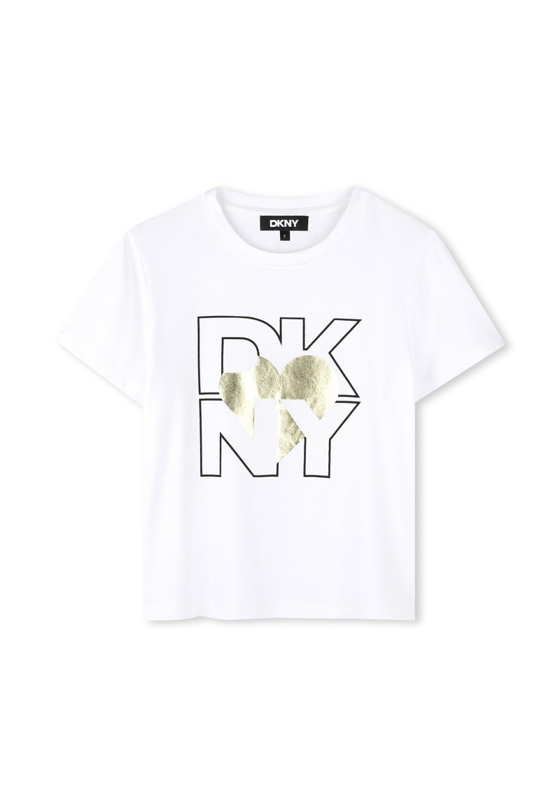 Camiseta de algodón blanca con el logo "DKNY" en negro y un corazón dorado. Mangas cortas y escote redondo. Corte regular.
