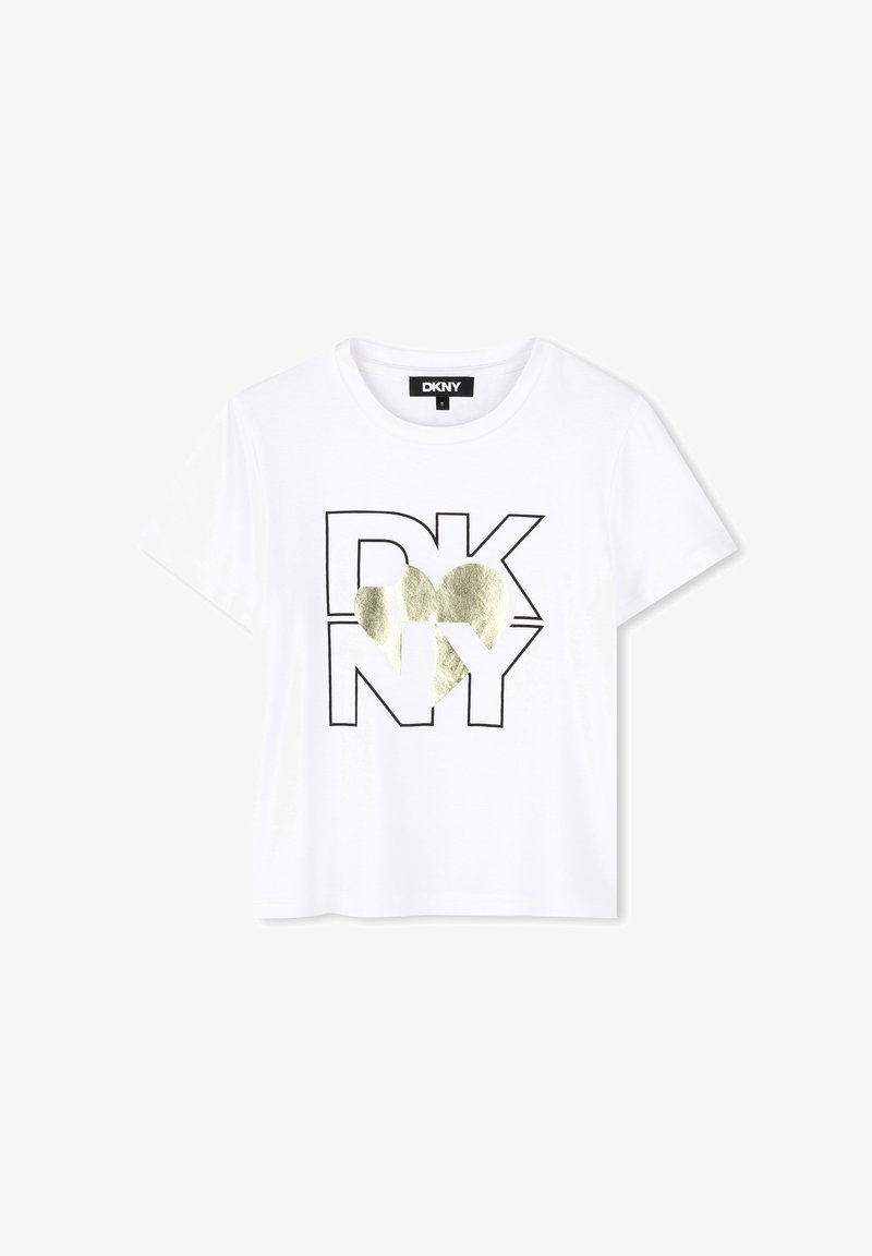 Camiseta de algodón blanca con el logo "DKNY" en negro y un corazón dorado. Mangas cortas y escote redondo. Corte regular.