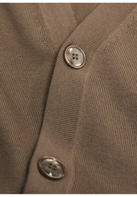 Cárdigan marrón de botones, con un tejido texturizado, dos grandes botones redondos y un diseño de cuello en V. Tela suave con un sutil detalle de canalé.