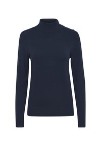 Maglione a collo alto blu navy con maniche lunghe, realizzato in un materiale morbido. Presenta un colletto a coste e dettagli con bottoni sulla spalla.