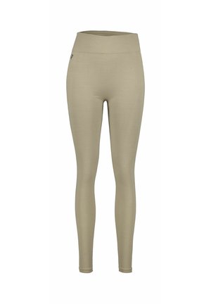 Leggings beige de tiro alto con textura suave y diseño ajustado, fabricados con material elástico, adecuados para ropa deportiva.