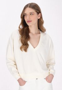 Krémový svetr s V výstřihem a dlouhými rukávy, rib rovnanými manžetami, vyrobený z jemné tkaniny, v kombinaci s bílými kalhotami. Minimalistický design.
