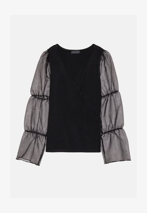 Mustat kietaisu-topit, joissa on läpinäkyvät puffi-hiha. Kiiltävä kangas, jossa on kerättyä tekstuuria hihansuiden kohdalla. Merkki: Anna Field.