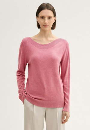 Pink sweater with a wide, rounded neckline and long sleeves. Features ribbed detailing at the neckline and cuffs. Smooth knit texture.