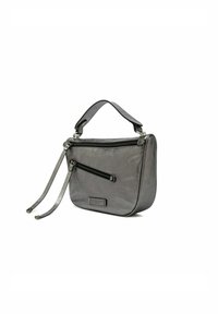 Borsa a tracolla in pelle grigia con forma arrotondata, dotata di manico superiore e tracolla regolabile, impreziosita da tasche con zip.