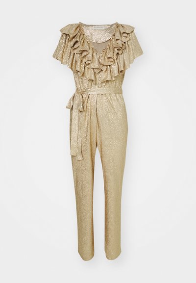 Gold, metallic jumpsuit with ruffled sleeves, a deep neckline, and a belted waist. The fabric has a textured, glittery finish.