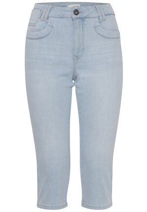 Gaiši zili džinsi ar vidēju vidukli, piecu kabatu dizainu un salocītām starām. Aprīkoti ar metāla pogu aizdari un taisnu kāju formu.