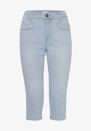 Heledad sinise denim püksid keskmise kõrgusega vöökohaga, viie taskuga disainiga ja keeratud ääred. Omab metallist nööbistikku ja sirget lõiget.