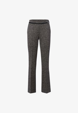 Pantalons à motif pied-de-coq gris avec une taille ajustée et des jambes légèrement évasées, fabriqués en tissu tissé pour un aspect texturé.