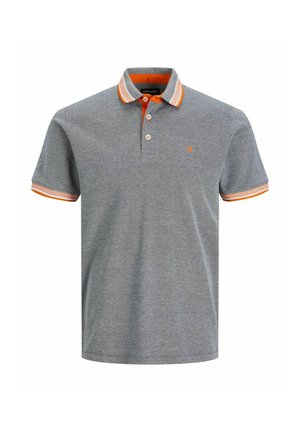 Grijze polo met korte mouwen met een oranje-wit gestreepte kraag en mouwuiteinden, drie knopen en een klein oranje logo op de borst.