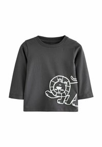 Szary longsleeve z białą grafiką lwa. Miękka tkanina, okrągły dekolt i prążkowane mankiety. Wzór lwa przedstawia szczegółową mimikę twarzy.