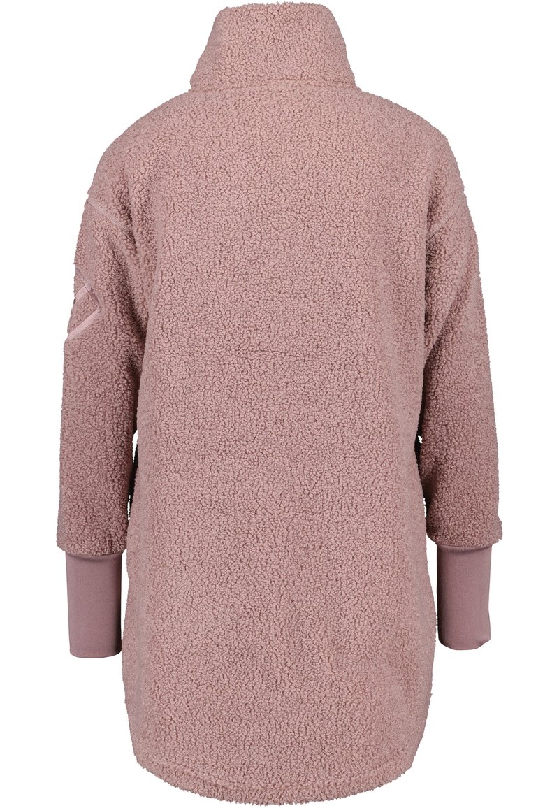 Mauve-pink Sherpa-Fleece-Jacke mit hohem Kragen, langen Ärmeln und gerippten Innenbündchen, von hinten gezeigt.