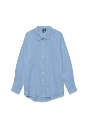 Hellblaues Hemd mit langen Ärmeln, einem Kentkragen, Knopfleiste und strukturiertem Stoff. Mit goldenen Knöpfen und einem abgerundeten Saum.