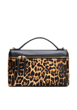Borsa rettangolare con stampa leopardata, parte superiore in pelle nera, zip dorata, doppio cursore della zip e manico nero singolo.