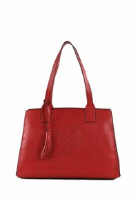 Borsa a tote in pelle rossa con superficie testurizzata, manici doppi e un tassello decorativo. Presenta un accento nero sulla parte superiore e un dettaglio del logo perforato.