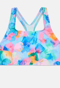 Έγχρωμο αθλητικό σουτιέν με λουλουδάτο σχέδιο σε ροζ, μπλε και πράσινο. Κατασκευασμένο από λείο ύφασμα, διαθέτει racerback σχεδιασμό και ραφές.