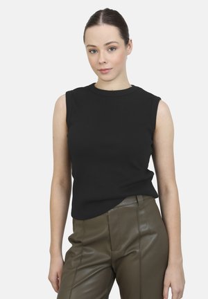 Black ribbed sleeveless top with a round neckline, paired with olive green fitted leather pants; smooth texture and streamlined design.