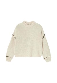 Pull beige clair en maille avec un col rond, des épaules tombantes et des surpiqûres décoratives marron sur les manches. Texture douce et coupe courte.