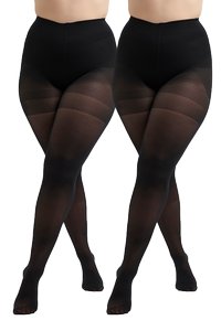 Collants opaques noirs avec une taille haute, dotés de panneaux transparents au niveau de la cuisse supérieure. La texture lisse et la coupe ajustée mettent en valeur les jambes.