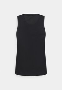 Débardeur de sport noir sans manches à col rond en mesh, posé à plat sur fond blanc.