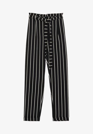 Pantalon à rayures verticales noires et blanches avec jambes larges, ceinture en tissu et taille élastique. Texture lisse, longueur cheville.