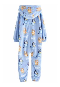 Tuta intera in pile blu con cappuccio, decorata con stampe di personaggi colorati. Polsi e caviglie elasticizzati per una vestibilità aderente. Morbida e soffice al tatto.
