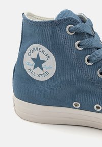 High-top blue canvas sneaker with rubber sole, metal eyelets, and iconic round white logo patch featuring a star.