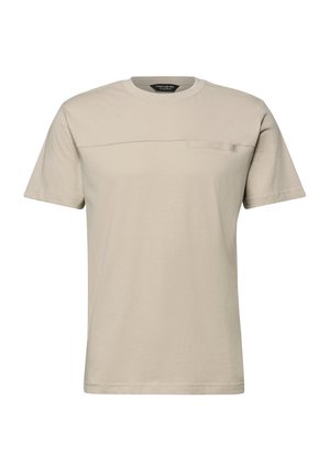 Beige kortærmet herre-T-shirt med rund hals og vandret sømdetalje hen over brystet.