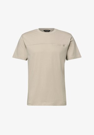 T-shirt beige à manches courtes pour homme, avec col rond et détail de couture horizontale sur la poitrine.