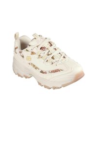 Träningsskor med vit läderöverdel prydd med blommönster i dämpade toner, gräddfärgade snören och en strukturerad gummisula med rosa detaljer.