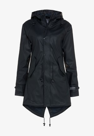 Black waterproof coat featuring a hood, drawstring waist, and side pockets. Smooth texture with a slightly longer back hem and logo detail.