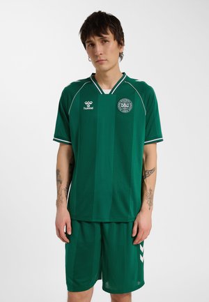 Junge Person, die ein grünes Dänemark-Fußballtrikot mit DBU-Logo und Hummel-Branding trägt, neutraler Gesichtsausdruck und sichtbare Arm-Tattoos.