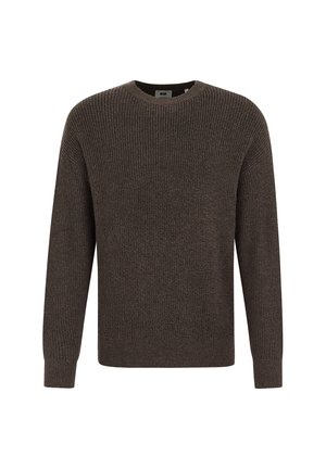 Bruine gebreide trui met een ronde hals, lange mouwen en een textuur stof. Het ontwerp is eenvoudig en casual.